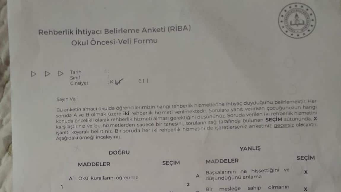 Velilere Yönelik Rehberlik İhtiyacı Belirleme Anketi